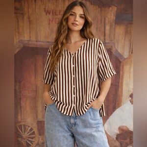 Vintage Daniel Hechter Brown & White Striped Button Down Shirt